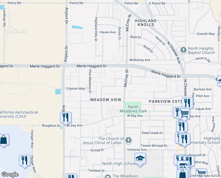 map of restaurants, bars, coffee shops, grocery stores, and more near 600 Shady Meadow Court in Bakersfield