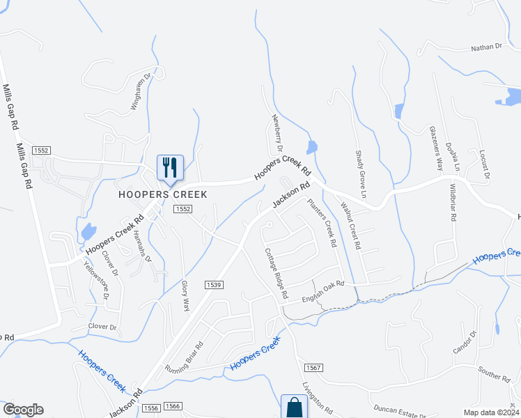 map of restaurants, bars, coffee shops, grocery stores, and more near 72 Asares Hill in Fletcher