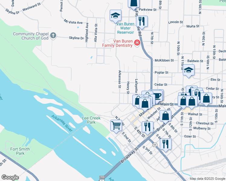 map of restaurants, bars, coffee shops, grocery stores, and more near 201 Arkansas Street in Van Buren