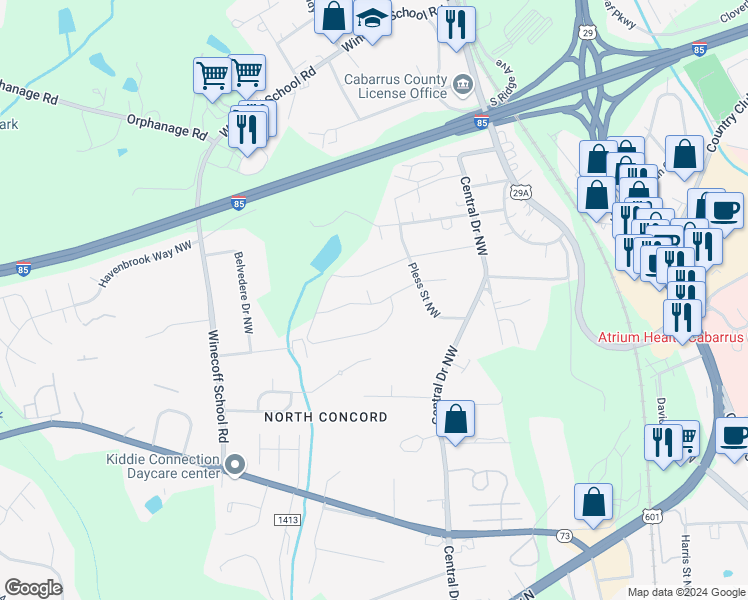 map of restaurants, bars, coffee shops, grocery stores, and more near 268 South Circle Northwest in Concord