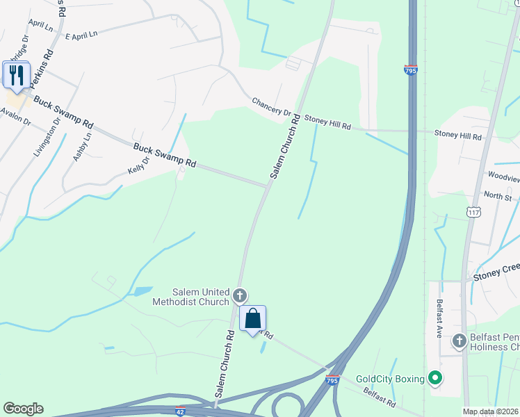 map of restaurants, bars, coffee shops, grocery stores, and more near 2809-2899 Salem Church Road in Goldsboro