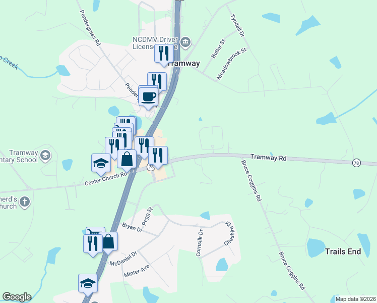 map of restaurants, bars, coffee shops, grocery stores, and more near 3112 Tramway Road in Sanford