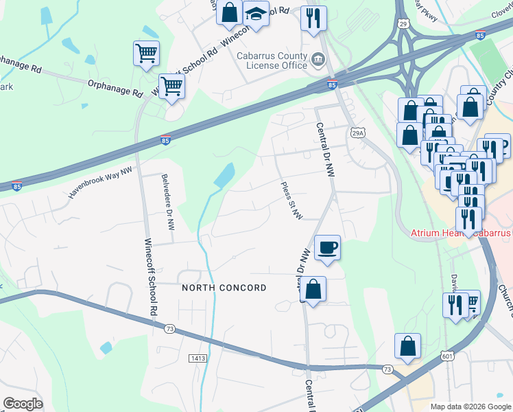 map of restaurants, bars, coffee shops, grocery stores, and more near 35 Lakewood Court Northwest in Concord