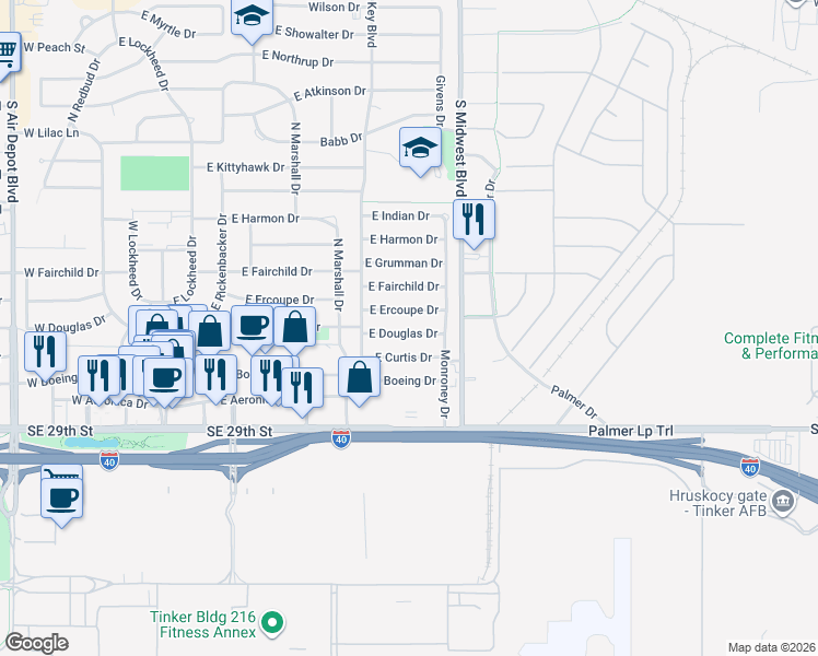map of restaurants, bars, coffee shops, grocery stores, and more near 520 East Ercoupe Drive in Midwest City
