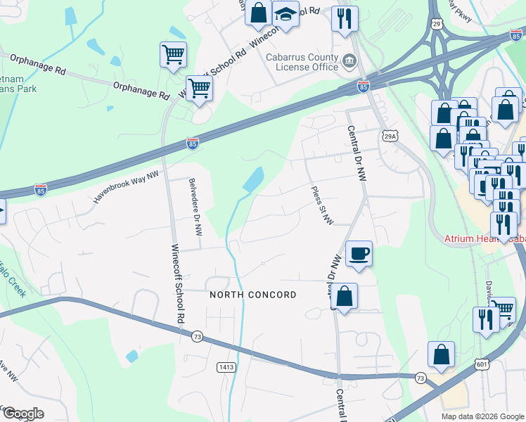 map of restaurants, bars, coffee shops, grocery stores, and more near 47 Lakewood Court Northwest in Concord