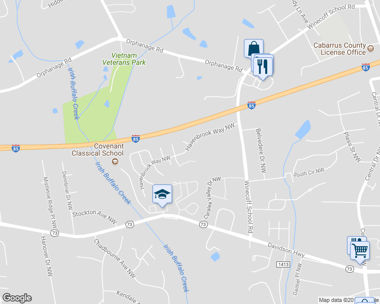map of restaurants, bars, coffee shops, grocery stores, and more near 421 Havenbrook Way Northwest in Concord