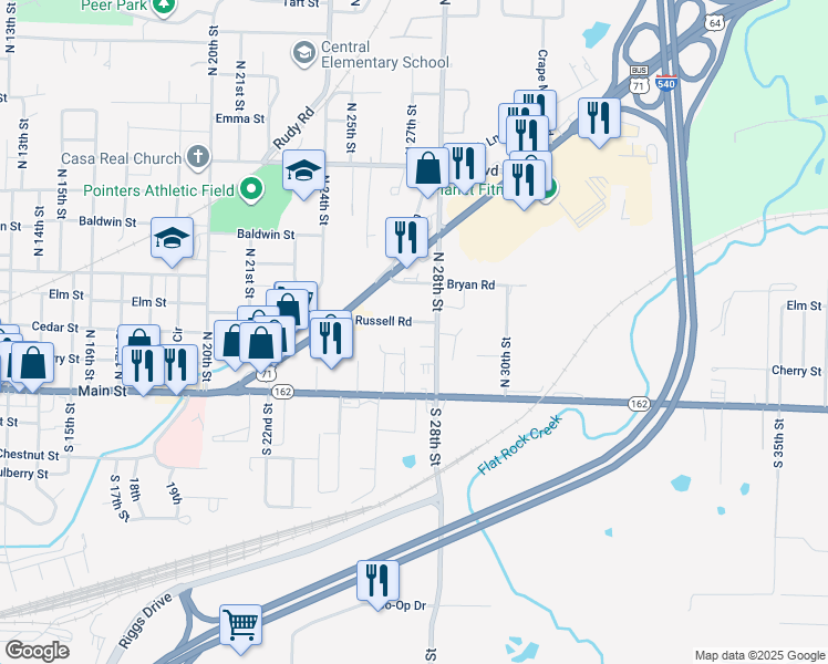 map of restaurants, bars, coffee shops, grocery stores, and more near 2700 Russell Road in Van Buren