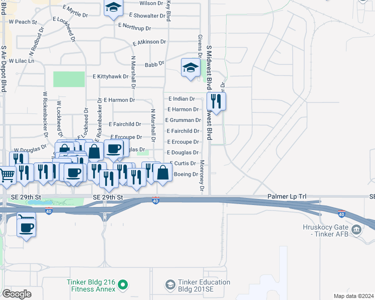 map of restaurants, bars, coffee shops, grocery stores, and more near 523 East Douglas Drive in Midwest City
