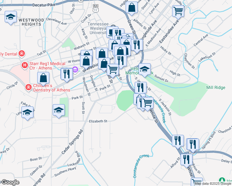 map of restaurants, bars, coffee shops, grocery stores, and more near 115 Park Street in Athens