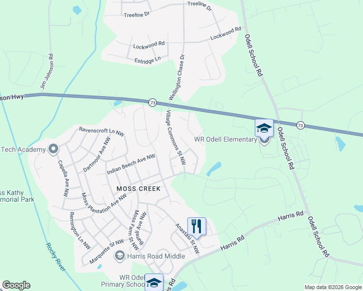 map of restaurants, bars, coffee shops, grocery stores, and more near 1626 Abercorn Street Northwest in Concord