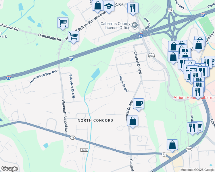 map of restaurants, bars, coffee shops, grocery stores, and more near 268 Southcircle Drive Northwest in Concord
