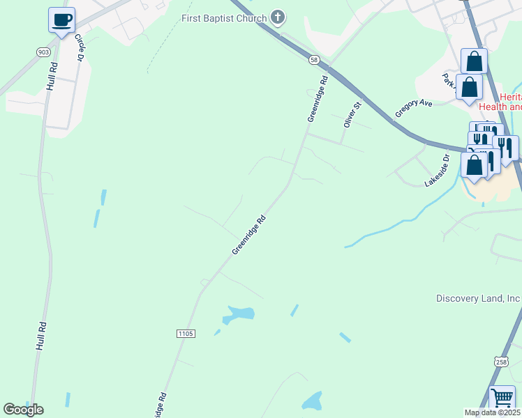 map of restaurants, bars, coffee shops, grocery stores, and more near 527 Greenridge Road in Snow Hill