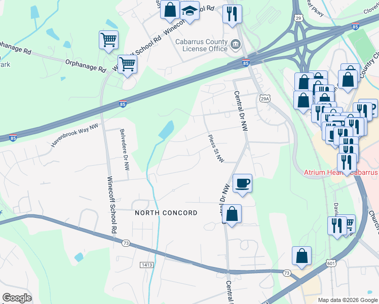 map of restaurants, bars, coffee shops, grocery stores, and more near 35 Lakewood Court Northwest in Concord