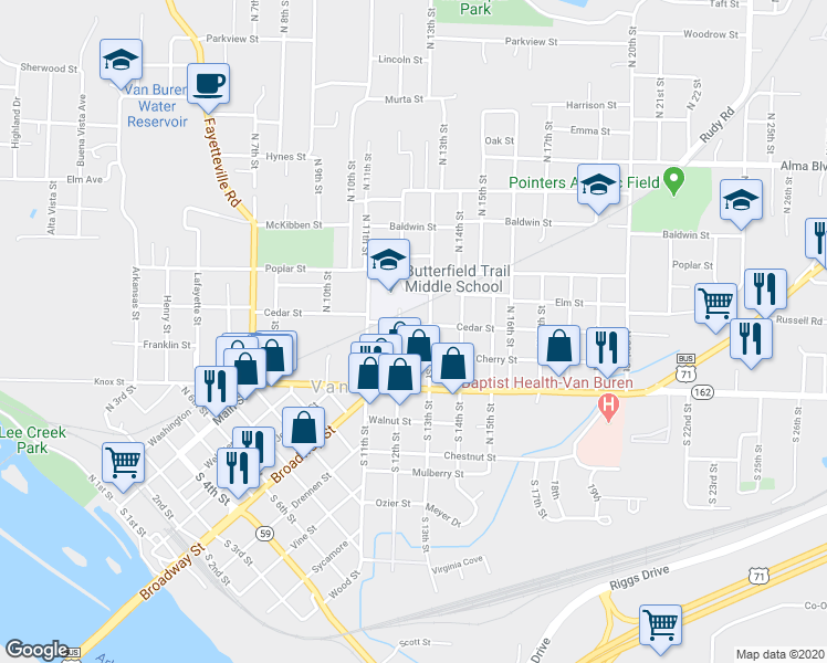 map of restaurants, bars, coffee shops, grocery stores, and more near 1205 Cedar Street in Van Buren