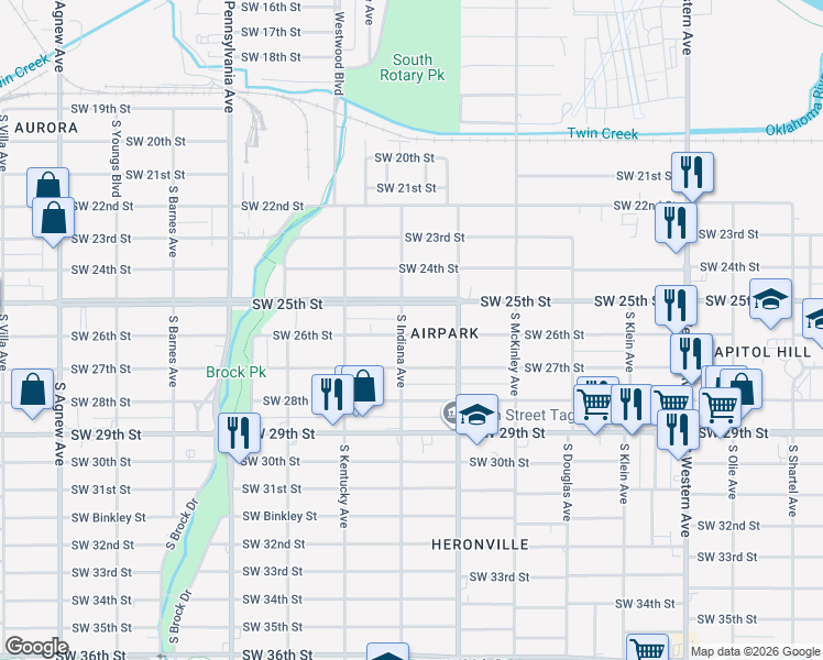 map of restaurants, bars, coffee shops, grocery stores, and more near 1330 Southwest 25th Street in Oklahoma City