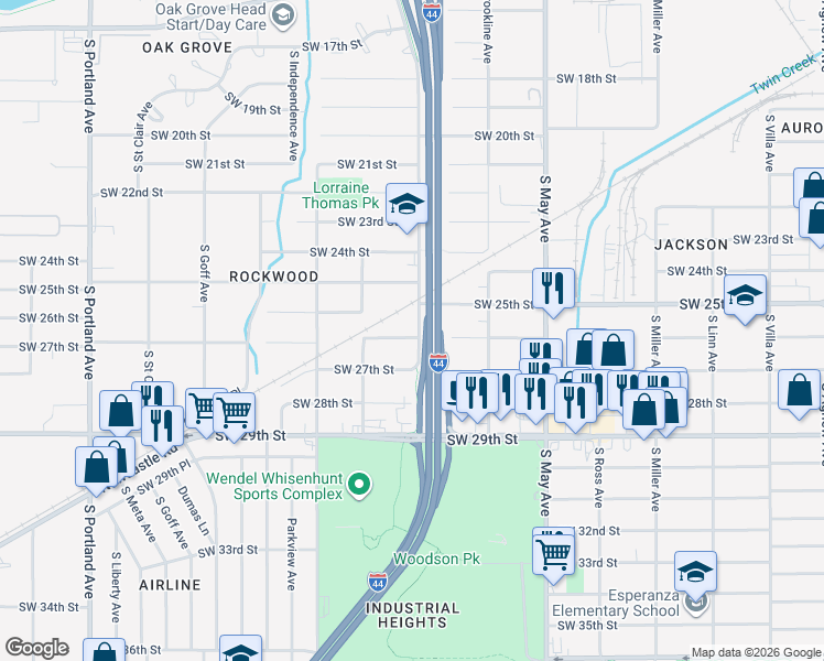 map of restaurants, bars, coffee shops, grocery stores, and more near 2601 Southwest Grand Boulevard in Oklahoma City