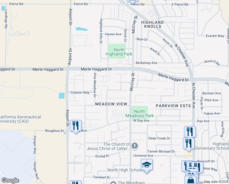 map of restaurants, bars, coffee shops, grocery stores, and more near 553 Shady Meadow Court in Bakersfield