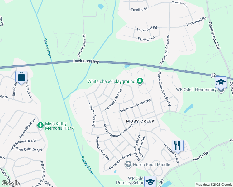 map of restaurants, bars, coffee shops, grocery stores, and more near 1581 Dartmoor Avenue Northwest in Concord