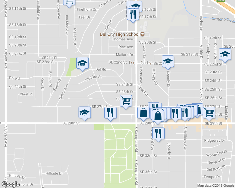 map of restaurants, bars, coffee shops, grocery stores, and more near 4108 Southeast 25th Street in Del City