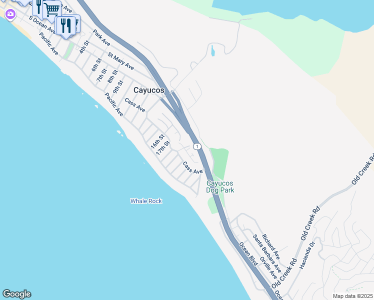 map of restaurants, bars, coffee shops, grocery stores, and more near 1939 Circle Drive in Cayucos