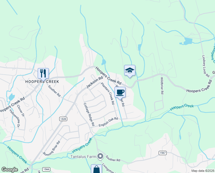 map of restaurants, bars, coffee shops, grocery stores, and more near 181 Planters Creek Road in Fletcher