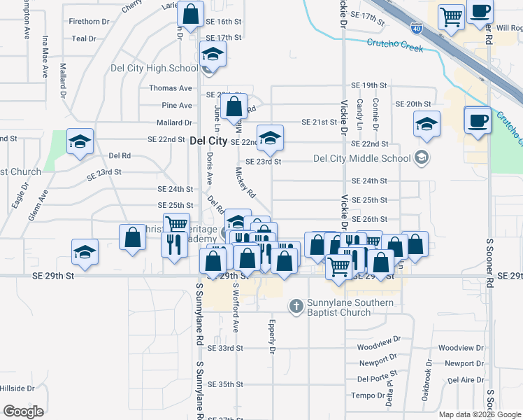map of restaurants, bars, coffee shops, grocery stores, and more near 2513 Epperly Drive in Del City
