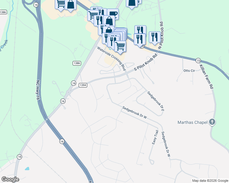 map of restaurants, bars, coffee shops, grocery stores, and more near 7482 Sedgebrook Drive West in Stanley