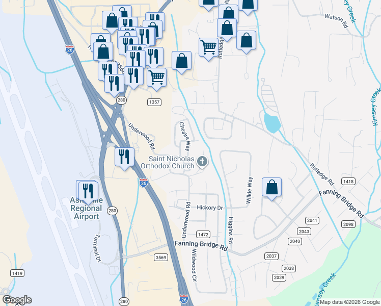 map of restaurants, bars, coffee shops, grocery stores, and more near 46 Chesire Way in Fletcher