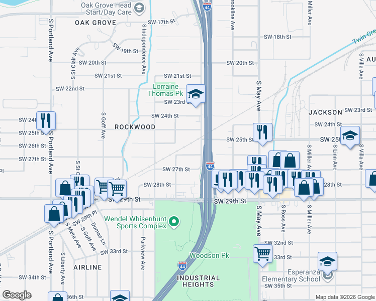 map of restaurants, bars, coffee shops, grocery stores, and more near 2644 South Land Avenue in Oklahoma City