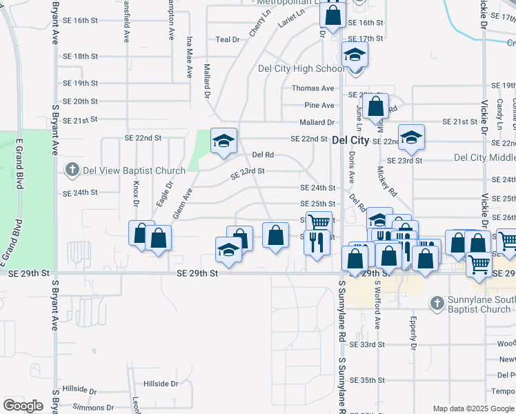 map of restaurants, bars, coffee shops, grocery stores, and more near 3908 Southeast 25th Street in Del City