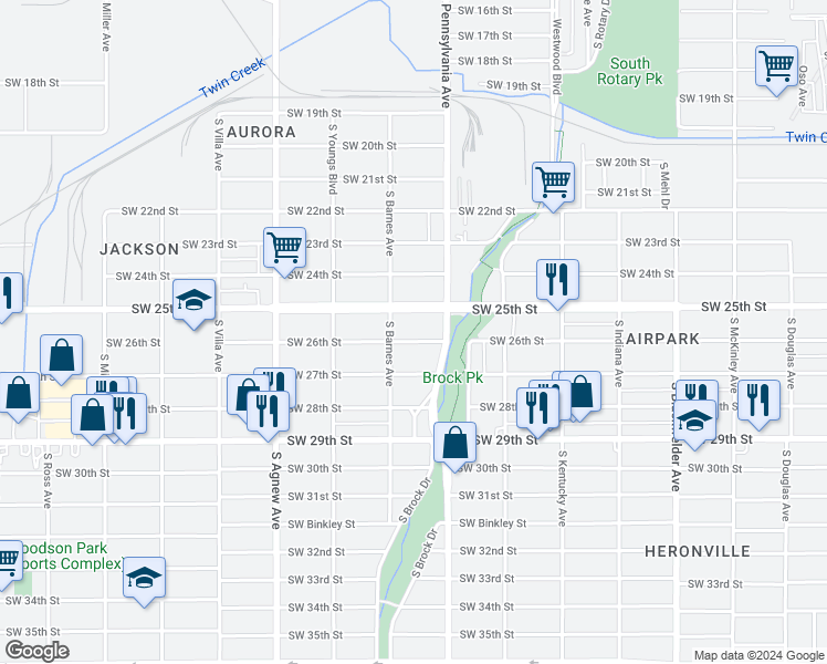 map of restaurants, bars, coffee shops, grocery stores, and more near 2128 Southwest 25th Street in Oklahoma City