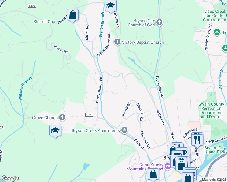 map of restaurants, bars, coffee shops, grocery stores, and more near 165 Bob Jenkins Road in Bryson City