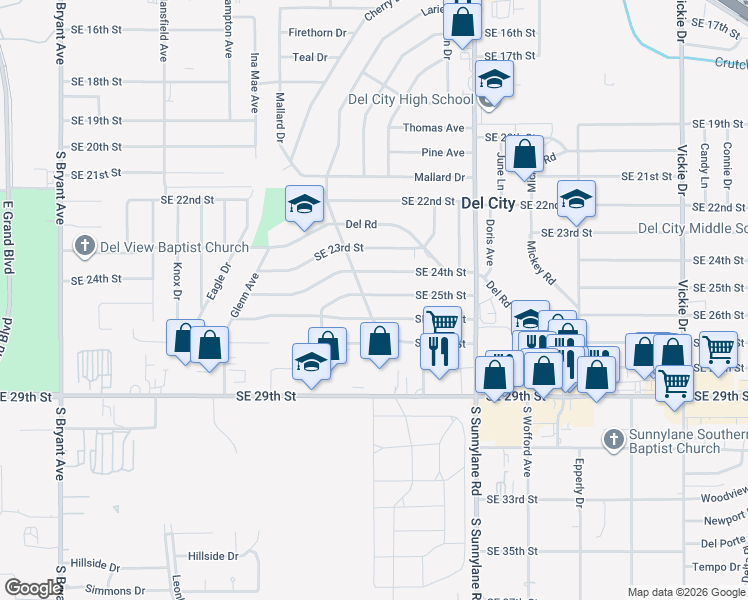 map of restaurants, bars, coffee shops, grocery stores, and more near 4005 Southeast 25th Street in Del City