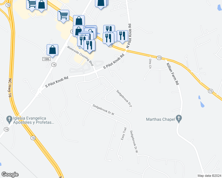map of restaurants, bars, coffee shops, grocery stores, and more near 7895 Sedgebrook Drive East in Stanley