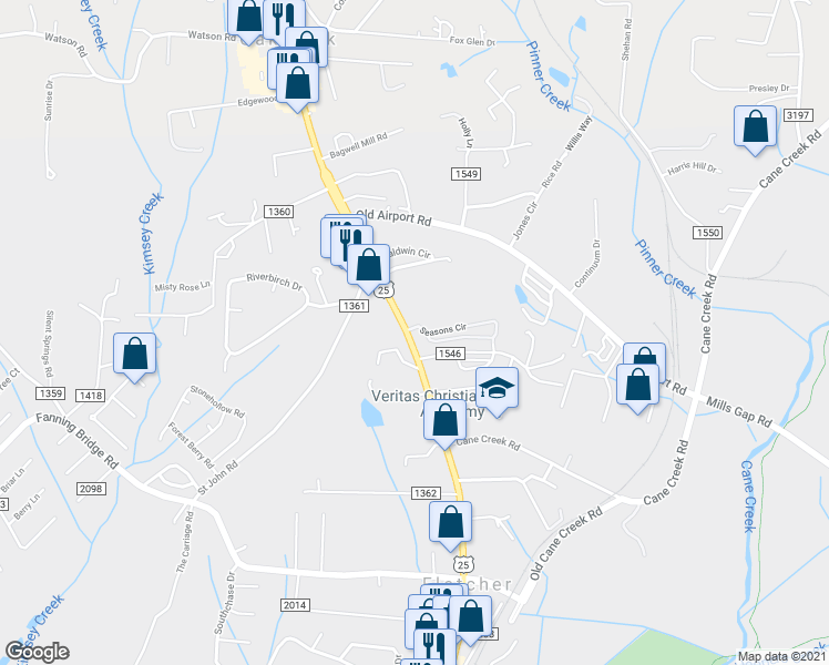 map of restaurants, bars, coffee shops, grocery stores, and more near 3102 Hendersonville Road in Fletcher