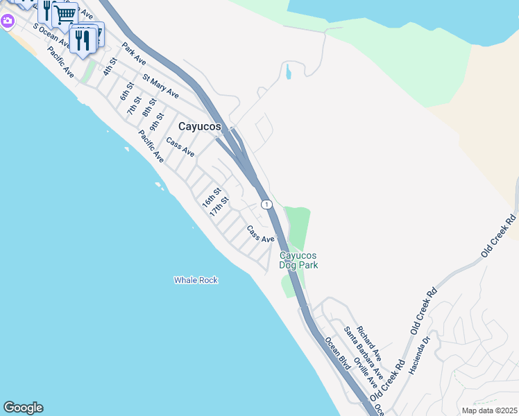 map of restaurants, bars, coffee shops, grocery stores, and more near 1939 Circle Drive in Cayucos