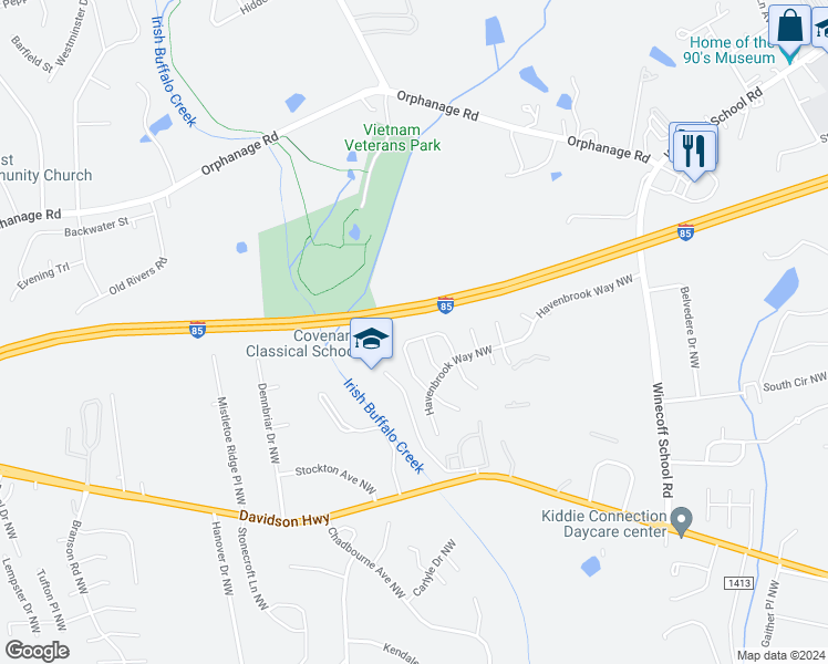 map of restaurants, bars, coffee shops, grocery stores, and more near 1506 Kindred Circle Northwest in Concord