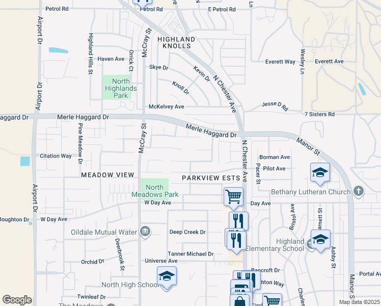 map of restaurants, bars, coffee shops, grocery stores, and more near 261 Winter Meadow Way in Bakersfield