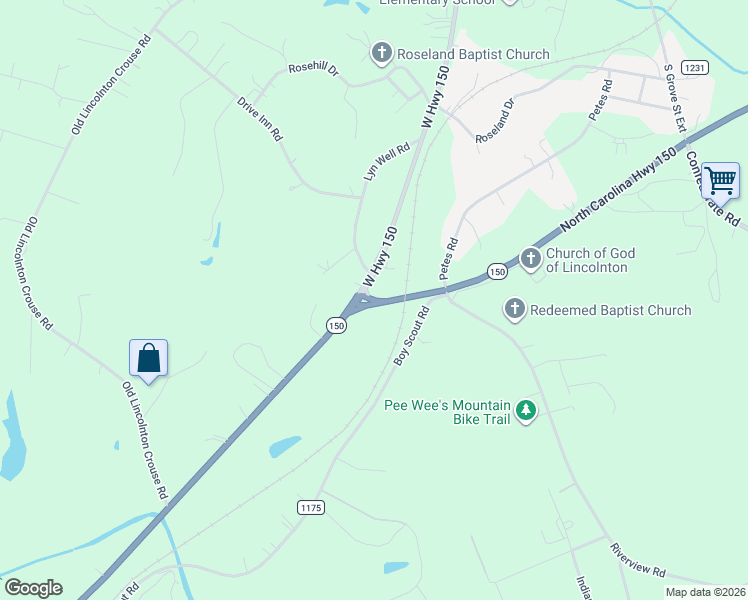 map of restaurants, bars, coffee shops, grocery stores, and more near 1790 West Highway 150 in Lincolnton