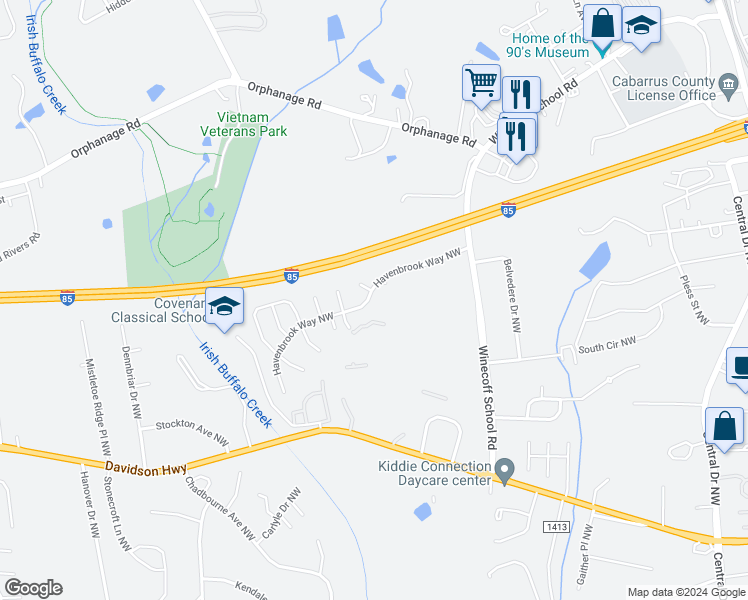 map of restaurants, bars, coffee shops, grocery stores, and more near 417 Havenbrook Way Northwest in Concord