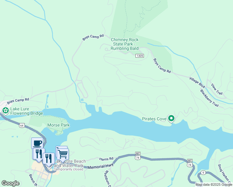 map of restaurants, bars, coffee shops, grocery stores, and more near 165 Lurewoods Manor Drive in Lake Lure