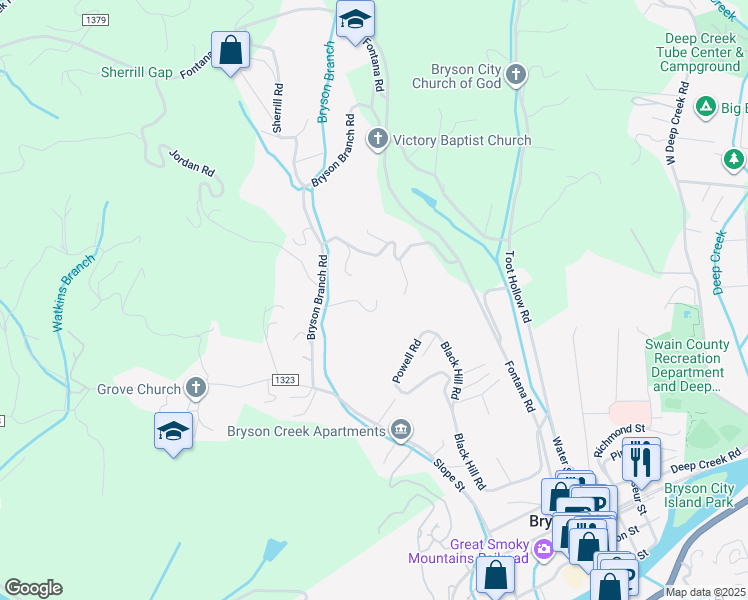 map of restaurants, bars, coffee shops, grocery stores, and more near 165 Bob Jenkins Road in Bryson City