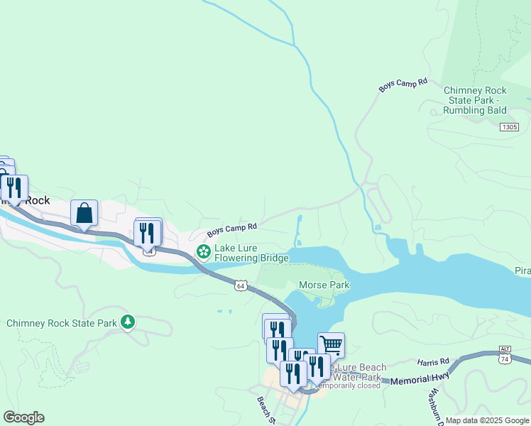 map of restaurants, bars, coffee shops, grocery stores, and more near 251 Boys Camp Road in Lake Lure