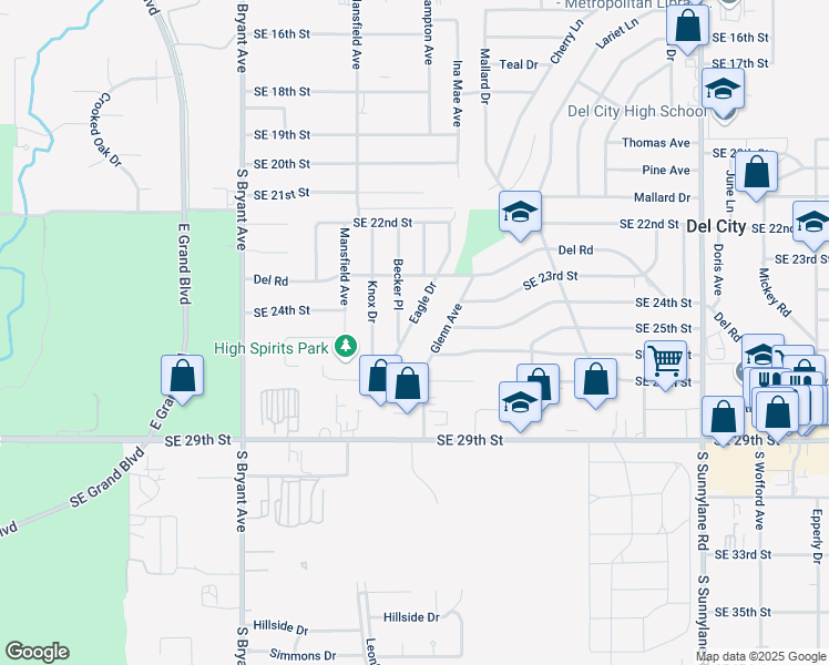 map of restaurants, bars, coffee shops, grocery stores, and more near 2508 Eagle Drive in Del City