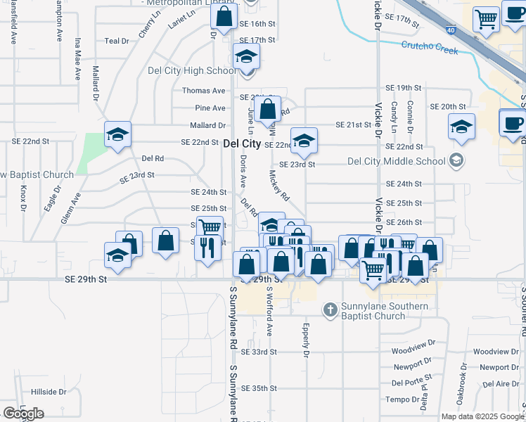 map of restaurants, bars, coffee shops, grocery stores, and more near in Del City
