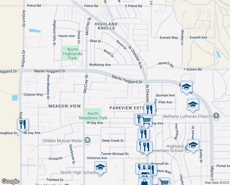 map of restaurants, bars, coffee shops, grocery stores, and more near 261 Winter Meadow Way in Bakersfield
