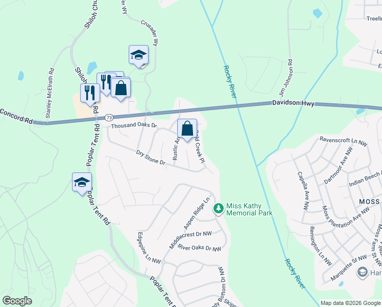 map of restaurants, bars, coffee shops, grocery stores, and more near 1547 Cold Creek Place in Huntersville
