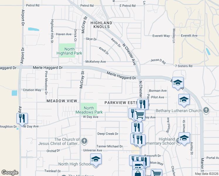 map of restaurants, bars, coffee shops, grocery stores, and more near 261 Winter Meadow Way in Bakersfield