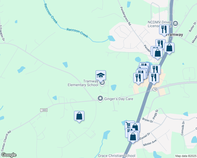 map of restaurants, bars, coffee shops, grocery stores, and more near 360 Center Church Road in Sanford