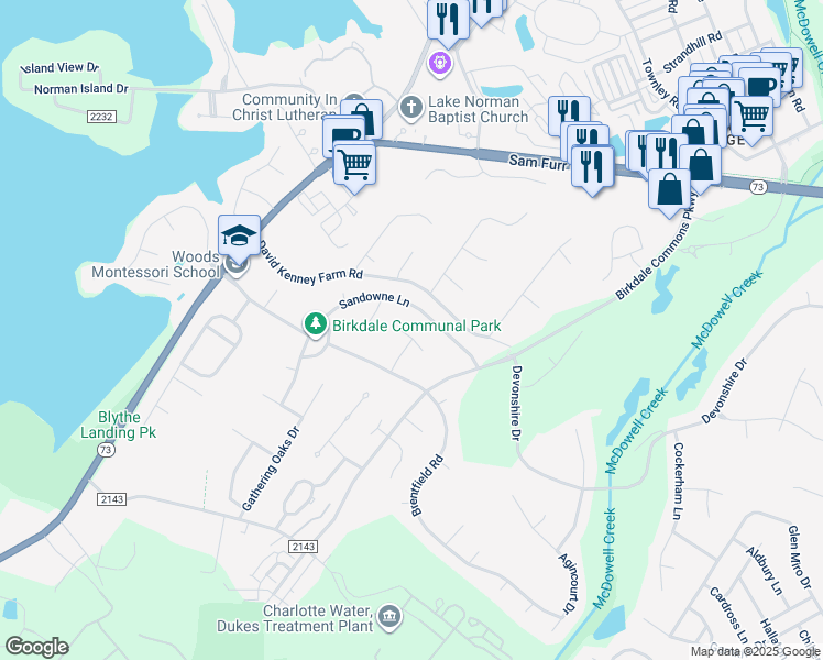 map of restaurants, bars, coffee shops, grocery stores, and more near 8413 Bridgestone Drive in Huntersville